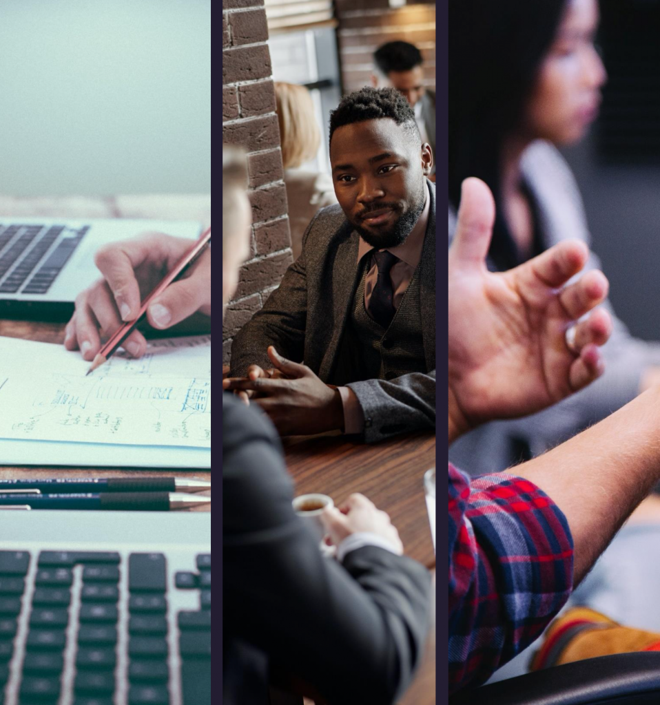 Series of three images, the first being a person sat at a desk writing notes on paper next to their laptop. The second is a person smiling while discussing business with another person. The third is a person using their hands to drive their point whilst speaking in a meeting.
